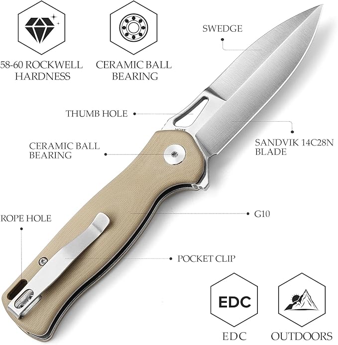 Knives - Crateris-03D Folding Pocket Knife with Clip，Flipper Knife for Men，Button Lock，3.38" Sandvik 14C28N Steel，G10 Scales for EDC Camping Outdoor Tool（Satin Blade）