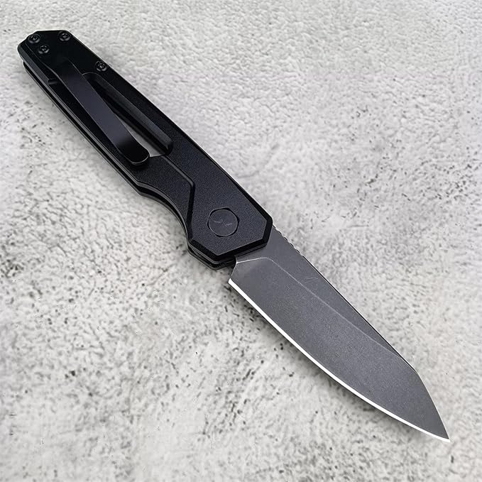 Push Button Lock Knife, Tactical Spring Assisted EDC Folding Knife, Black Stonewashed Reverse Tanto Blade Aluminum Handle Outdoor Hunting Caping Knives With Reversible Deep Carry Pocket Clip For Men, 7550