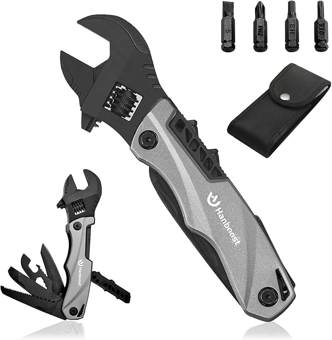 Multitool Wrench Wide Jaw Opening Camping Gear, Gift Ideas for Him,12 In 1 Small Adjustable Spanner with Screwdriver bits, Knife & Bottle Opener,Survial Tool for Home, Outdoor & DIY.