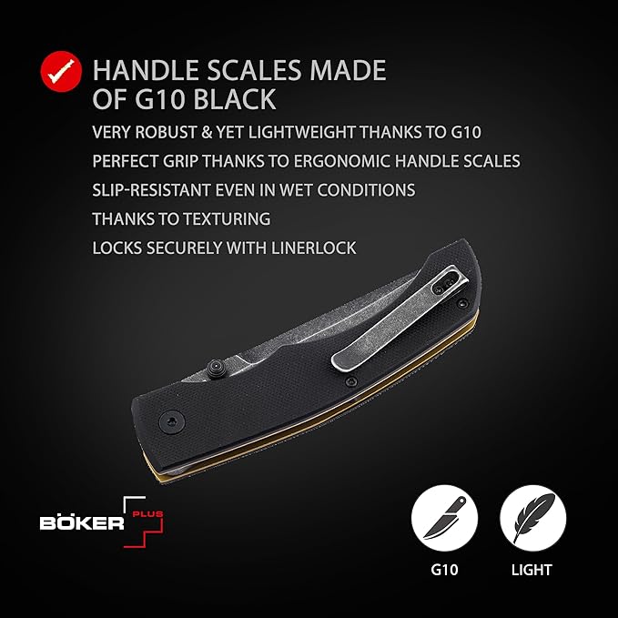 BÖKER PLUS® Poke Knife - Folding knife with D2 steel blade - Pocket knife with thumb pin - knife with linerlock - EDC knife with G10 handle scales black - Folding knife with case & gift box