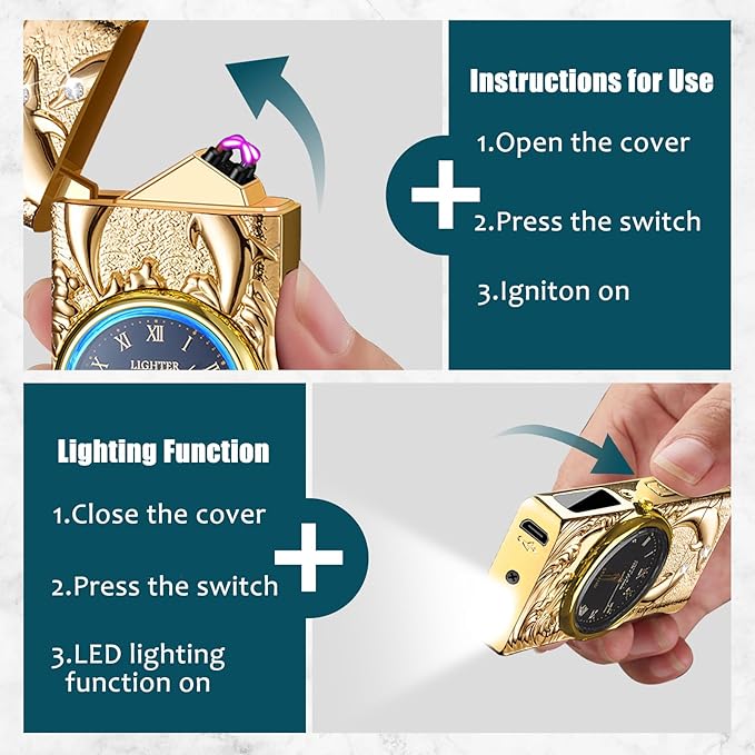 Arc Lighter Rechargeable Electric Lighter Plasma USB Lighter with Clock Dial Cool Windproof Candle Lighter with Battery Indicator for Candles, Fireworks, Incense (Gold Dolphin)