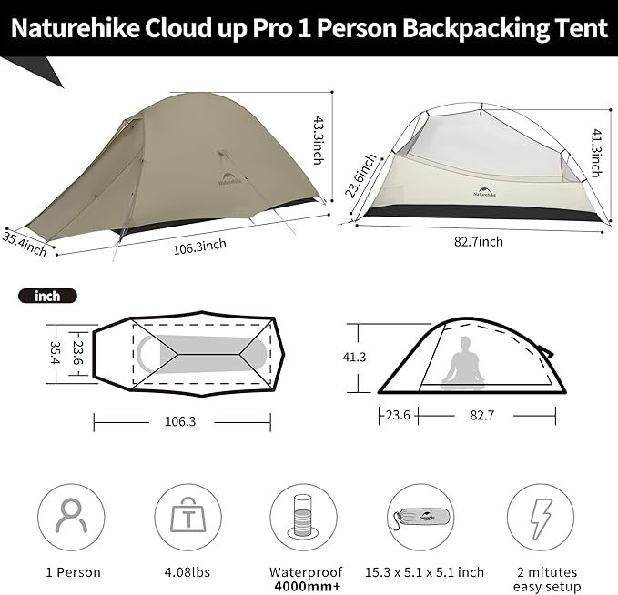 Naturehike Cloud-Up 1 Person Tent, Lightweight Backpacking Tents for One Man, Waterproof Ultralight One Person Tent for Camping Hiking Backpacking