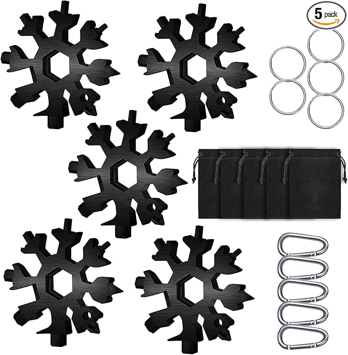 Snowflake Multitool, 5 Pieces 18-in-1 Stainless Steel Snowflake Standard Multitool, Snowflake Tool with Key Ring, Carabiner Clip and Gift Bag (Black)