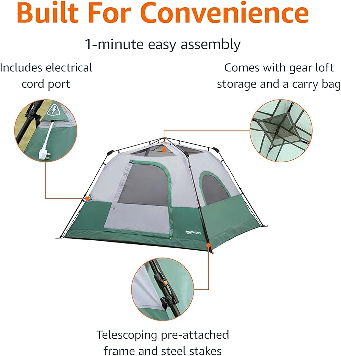 Amazon Basics Instant Camping Tent with Rainfly, Weather-Resistant, Quick Setup