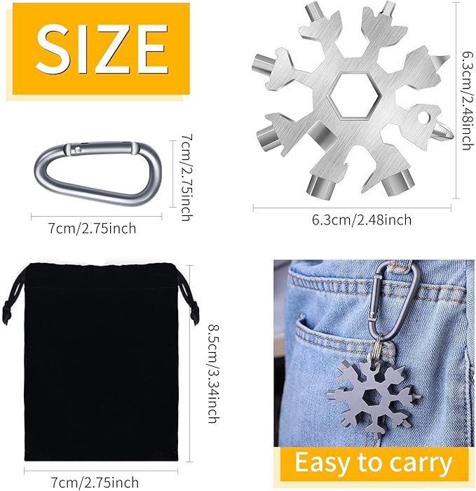 FZENeast Snowflake Multitool, 3 Piece 18-in-1 Stainless Steel Snowflake Standard Multitool, Snowflake Wrench with Key Ring, Carabiner Clip and Gift Bag (Silver)