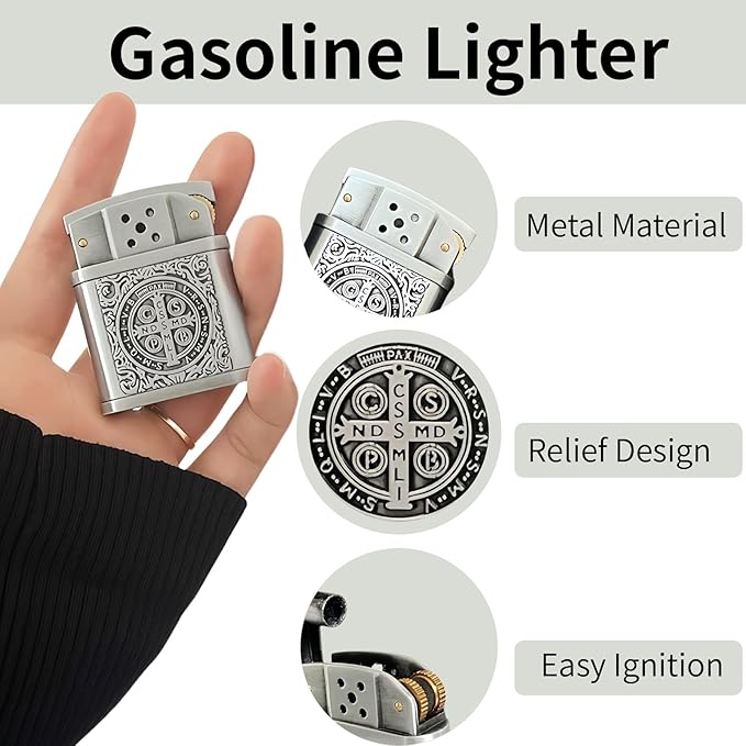 Cool Embossed Design Kerosene Wheel Lighter Refillable Eco-Friendly, Vintage Dazzling & Ultra-Cool, Unique for Men Candles Gift Camping BBQ (No Kerosene) (6#)
