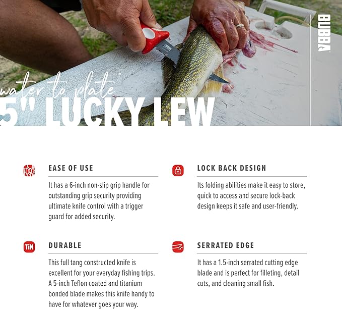 BUBBA 5 Inch Lucky Lew Folding Compact Fillet Knife with Non-Slip Grip Handle, Stainless Steel Blade, Lanyard Hole and Synthetic Carry Case for Gutting, Fishing and Hunting