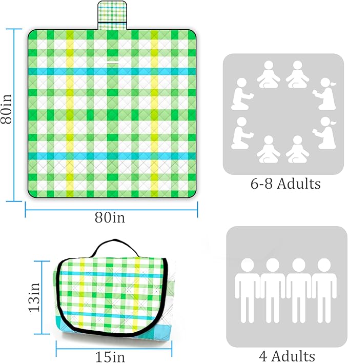 Portable Waterproof Picnic Blanket,Picnic Blankets Extra Large Outdoor 80"x80", Machine Washable, Extra Large Picnic Mat for Grass Concert, Park, Lawn,Travel,Green Gingham