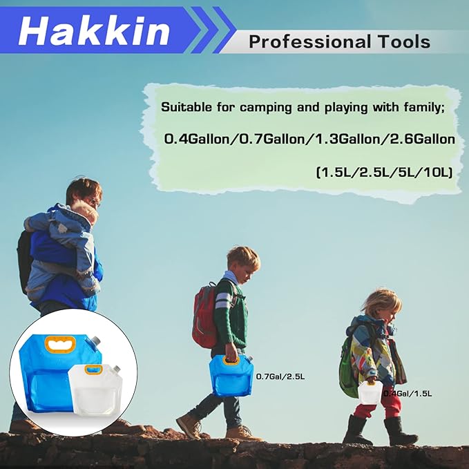 Hakkin Collapsible Water Tank Container 4 Pack 0.66 Gallon/2.5L, No-Leak Freezable Portable BPA Free Food Grade Plastic Storage Jug for Camping, Hiking, Travel, Emergency Survival Kit Bonus