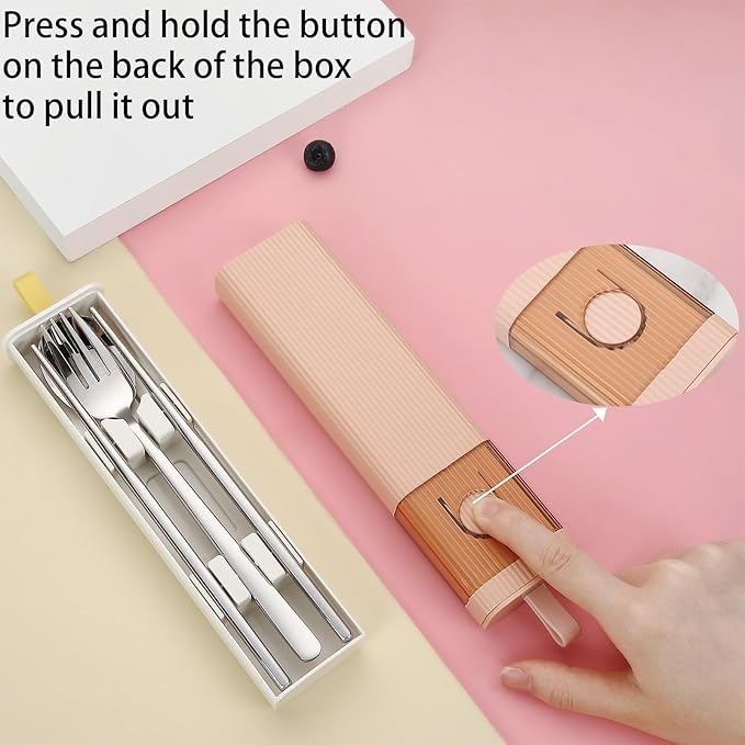 DEVICO Travel Utensils with Case, Stainless Steel Reusable Camping Silverware Set for Lunch Box, Portable Cutlery Kit Includes Fork, Spoon, Chopsticks (Pink)