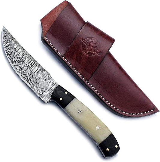 Handmade Damascus Steel Knife Bowie for Edc,Hunting,Survival,Camping,Bushcraft and Fishing-Fixed Blade with Drop point Blade Full Tang Bone Handle with Cowhide-Leather Sheath - WKD-774