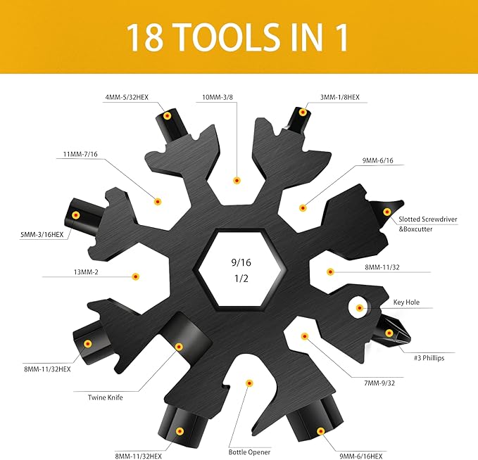 FZENeast Snowflake Multitool, 3 Pcs 18-in-1 Stainless Steel Snowflake Standard Multitool, Snowflake Wrench with Key Ring, Carabiner Clip and Storage Pouch (Black)