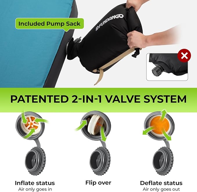 FUNDANGO Self Inflating Sleeping Pad, 4" Thick Camping Mattress with Pump Sack, 4-Season Sleeping Pad for Camping, 8.7 R-Value Insulated Camping Bed for Tent Car Truck Van, Single