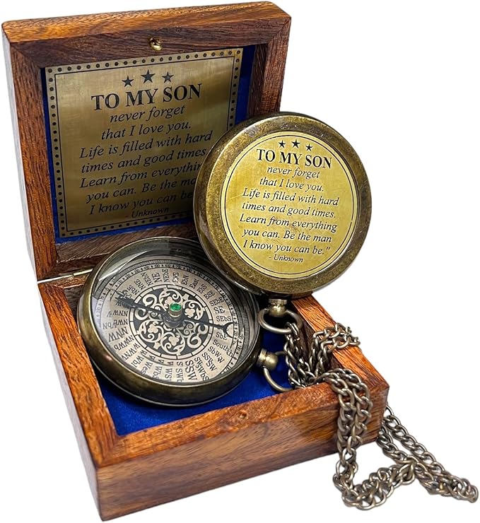 Handmade Brass Engraved Compass on Chain with Wooden Box, Vintage Style Nautical Compass with Intricate Engraving, 2.25 Inches in Diameter
