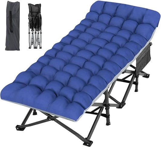 Oversized Folding Camping Cot 32inch w/Mattress, Heavy Duty Portable Sleeping Cot with Carry Bag, Double Layer Oxford Travel Camp Cots for Outdoors & Indoors, Suit for Adults Kids ，Navy/Grey