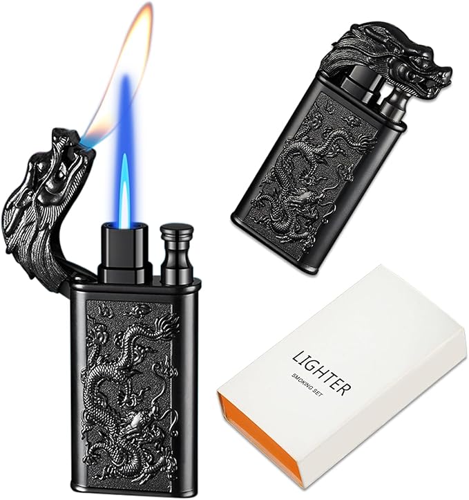 Torch Lighter Magic Dual Flame Dragon Lighter, Windproof Adjustable Jet Flame and Soft Flame, Refillable Butane Torch Lighter for Candle, Kitchen, Camping, BBQ (Without Butane)-Black