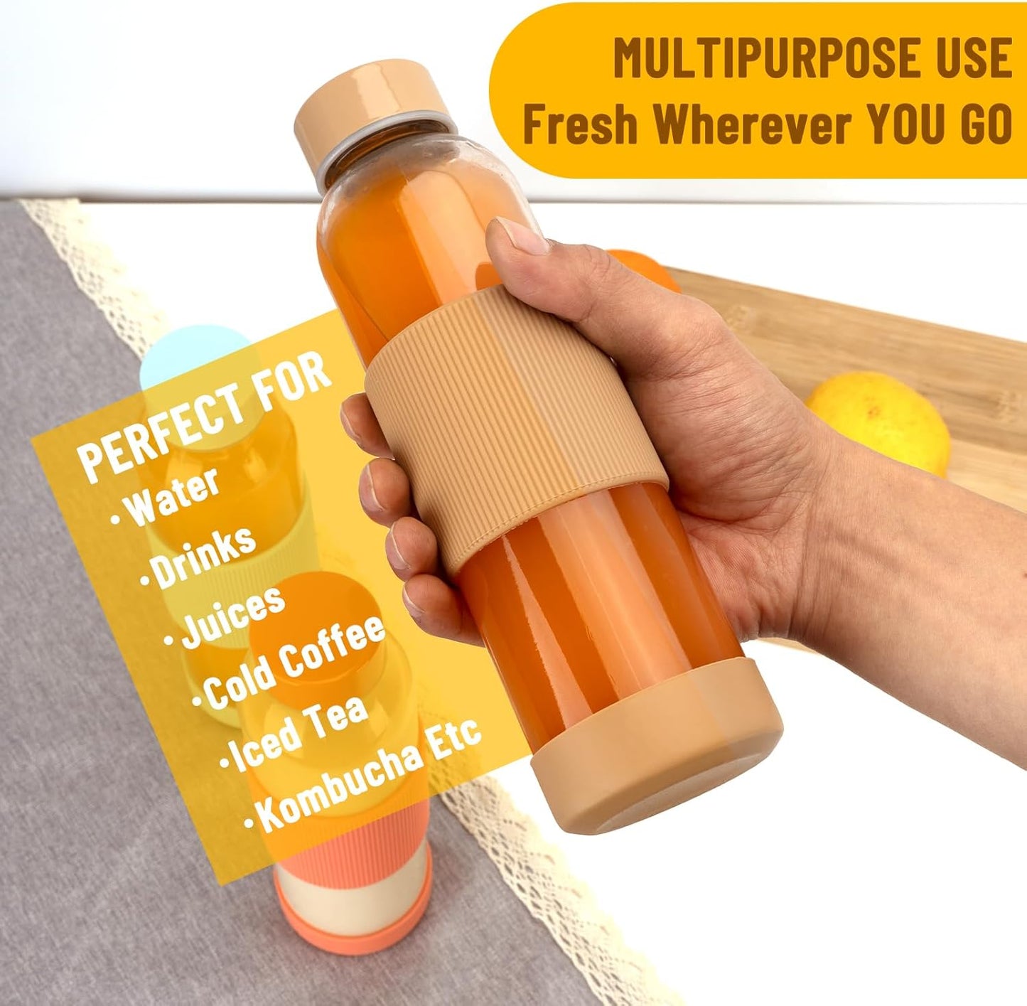 18 oz Clear Glass Juice Bottles with Lids and Silicone Sleeve, Reusable Glass Water Bottles with Stainless Steel Cap for Juicing, Refrigerator,100% Leak Proof, BPA Free, Set of 6