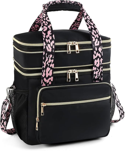 HSHRISH Expandable Lunch Box for Women, Double Deck Large Insulated Lunch Bag Women Leakproof Durable Lunch Cooler Tote Bag, Lightweight Cute Lunchbox for Work Outdoor Travel, Black