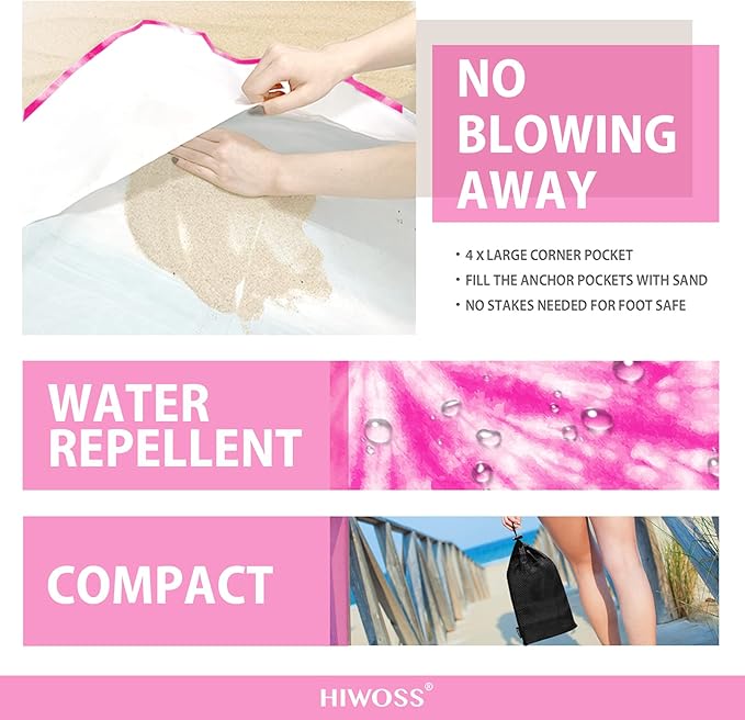 Beach Blanket Waterproof Sandproof Oversized 95”x 80”,Sand Free Beach Mat with Corner Pockets,Portable Mesh Bag for Beach Festival,Picnic,Travel and Outdoor Camping (PinkFloyd)