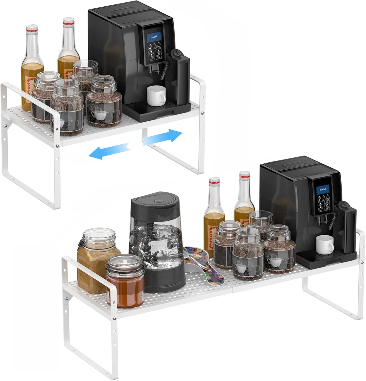 iPEGTOP Large Expandable Cabinet Storage Shelf Organizer Rack, Heavy Duty Stackable Steel Metal Spice Rack Adjustable Height Home Office Pantry Garage Shelf for Counter Kitchen, White - 1 Pack