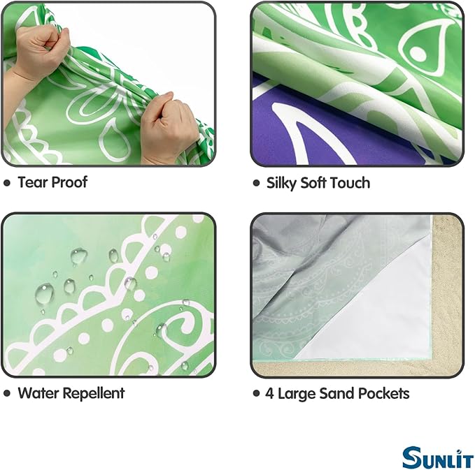 Sunlit 10'x9' Extra Large Boho Sand Proof Beach Blanket, Sand Proof Mat with Corner Pockets and Mesh Bag for Beach Party, Travel, Camping and Outdoor Music Festival, Blue Violet Sea Green Mandala