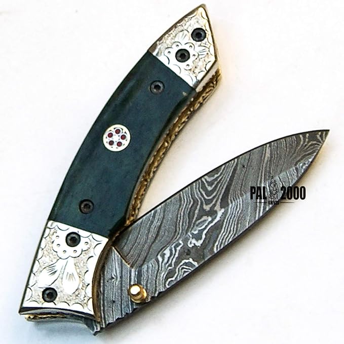 PAL 2000 KNIVES FOL-9455 Handmade Damascus Blade Hunting knife 7.4 Inches Folding Pocket Knife Stained Camel Bone Handle