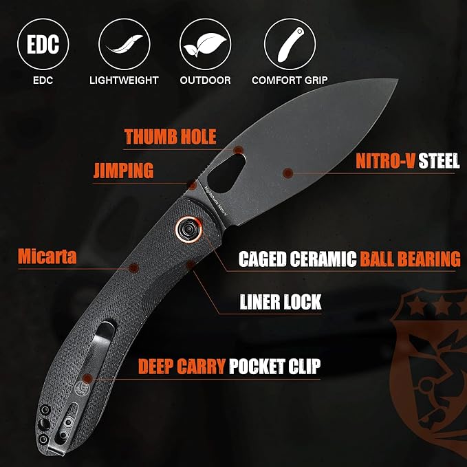 Vosteed EDC Knife, 3.26" Lightweight Folding Pocket Knife with Clip for Men & Women, Nitro-V Steel Black Stonewashed Blade, Thumb Hole, Micarta Handle for Camping, Nightshade Series