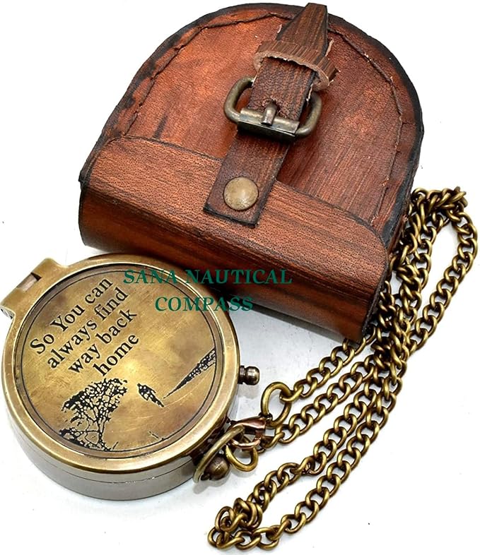 So You Can Always Find Your Way Back Home Compass Brass Pocket Compass, Nautical Compass with Leather Case, Pocket Compass for Hiking, Survival Instrument, Baptism, Christian, Graduation Gifts