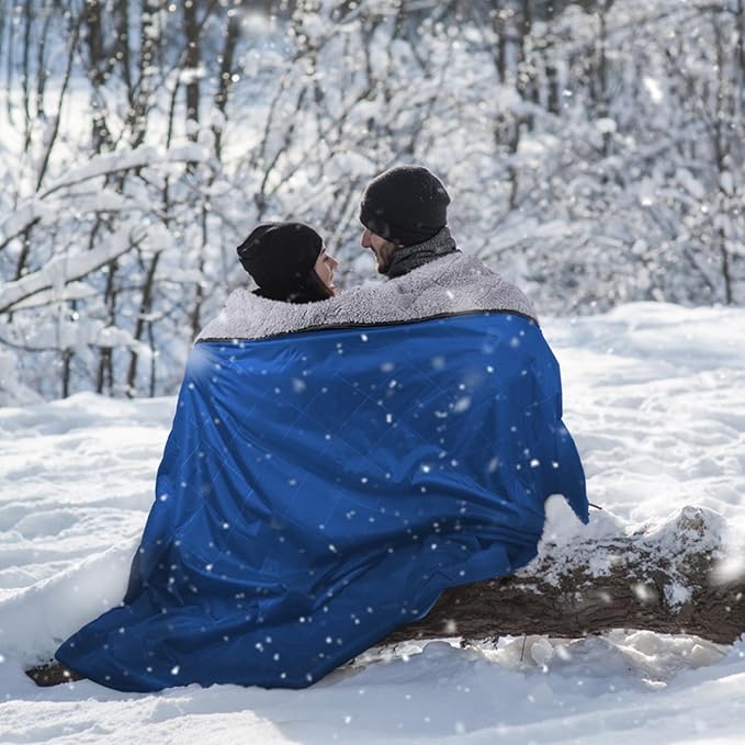 DUKUSEEK Sherpa Waterproof Outdoor Blanket, Large Sherpa Hooded Stadium Blankets for Cold Weather, Portable Wearable Camping Blankets for Concerts, Grass, Car, Boat, Pets, Sporting Events，79x59