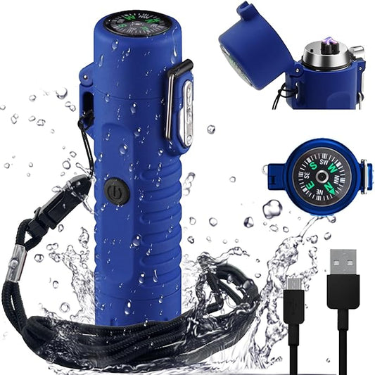 YOZWOO Dual Arc Lighter Rechargeable Plasma Electric Lighter Waterproof Windproof Flameless Cool Lighter with LED Flashlight and Survival Compass for Outdoor,Camping, Hiking,Traveling（Blue）