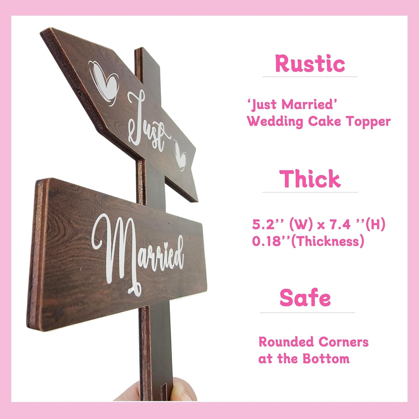 Just Married Cake Topper Rustic Wedding Cake Topper Double-Sided Wood Cake Toppers 7.48'' x 5.12'' Wedding Cake Decoration