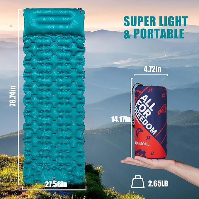 AKSOUL Self-Inflating Sleeping Pad Backpacking for Camping: Wide Inflatable Air Mattress Compact & Ultralight Sleep Mat, Lightweight Pads with Built-in Foot Pump, for Backpack Camp Hiking Traveling