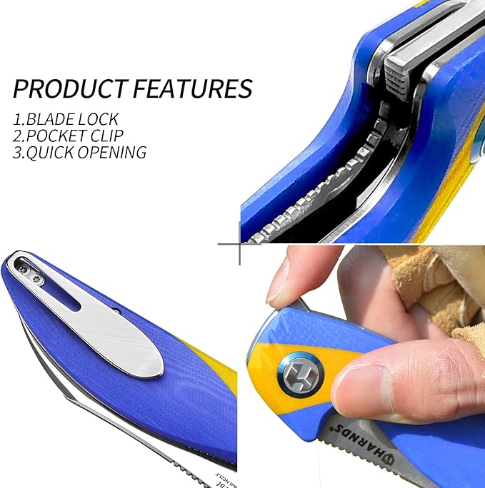 Parrot Folding Pocket Knife with Clip and Blade Lock, 8.4" EDC Folding Knife with Sweatproof G10 handle and 14C28N Stainless Blade (Blue & Yellow)