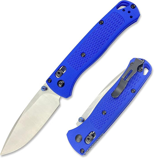 HUAAO Thumb Open Bugout Knife, Satin Plain Red Grivory Fiberglass Handle, Axis Lock Knife with Belt Clip, Everyday Carry Thumb Studs Manual Open (Blue)