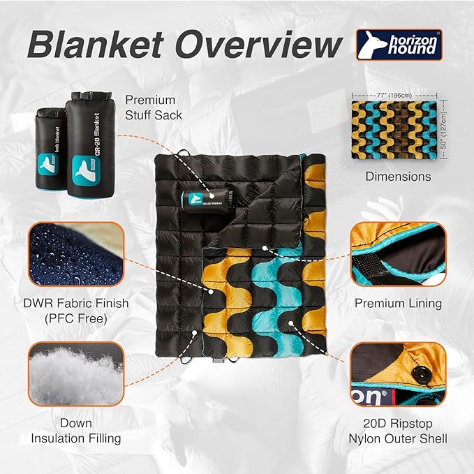 Horizon Hound Down Camping Blanket - Outdoor Travel Blanket | Sustainable Insulated Down | Lightweight & Warm Quilt for Camping, Stadium, Hiking & Festival | Water Resistant, Packable & Compact