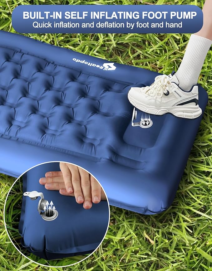 Extra Thick 5 Inch Camping Sleeping Pad - Self Inflating Sleeping Pad with Pillow, Camping Mattress Pad with Foot Pump, Sleeping Pad Mat for Camping Backpacking, Hiking, Traveling (Blue)