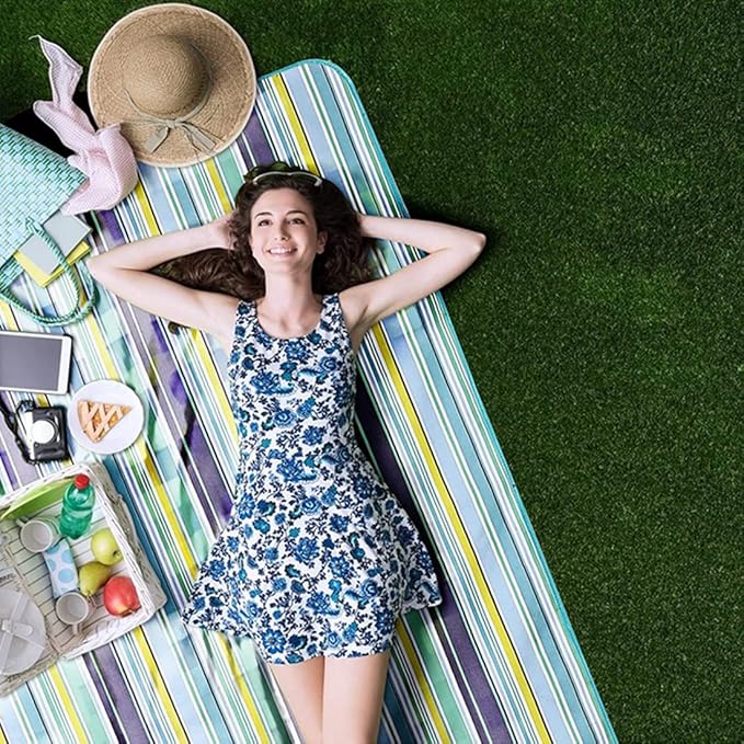 K Y KANGYUN Beach Blanket Outdoor Picnic Blanket Mat 80"x60" Extra Large Waterproof Sand Proof Camping Blanket Lightweight Folding Portable Travel Blanket for Family Park Beach Grass (Blue Line)