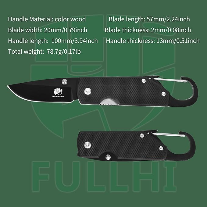 FULLHI Mini Folding Pocket Knife, 2.3" G10 Handle Small Knife with Carabiner Clip for Sharp Camping Survival Hiking Knives ,Gifts for Women Men Birthday Christmas Presents for Mom Dad Friend Gift (AK034)