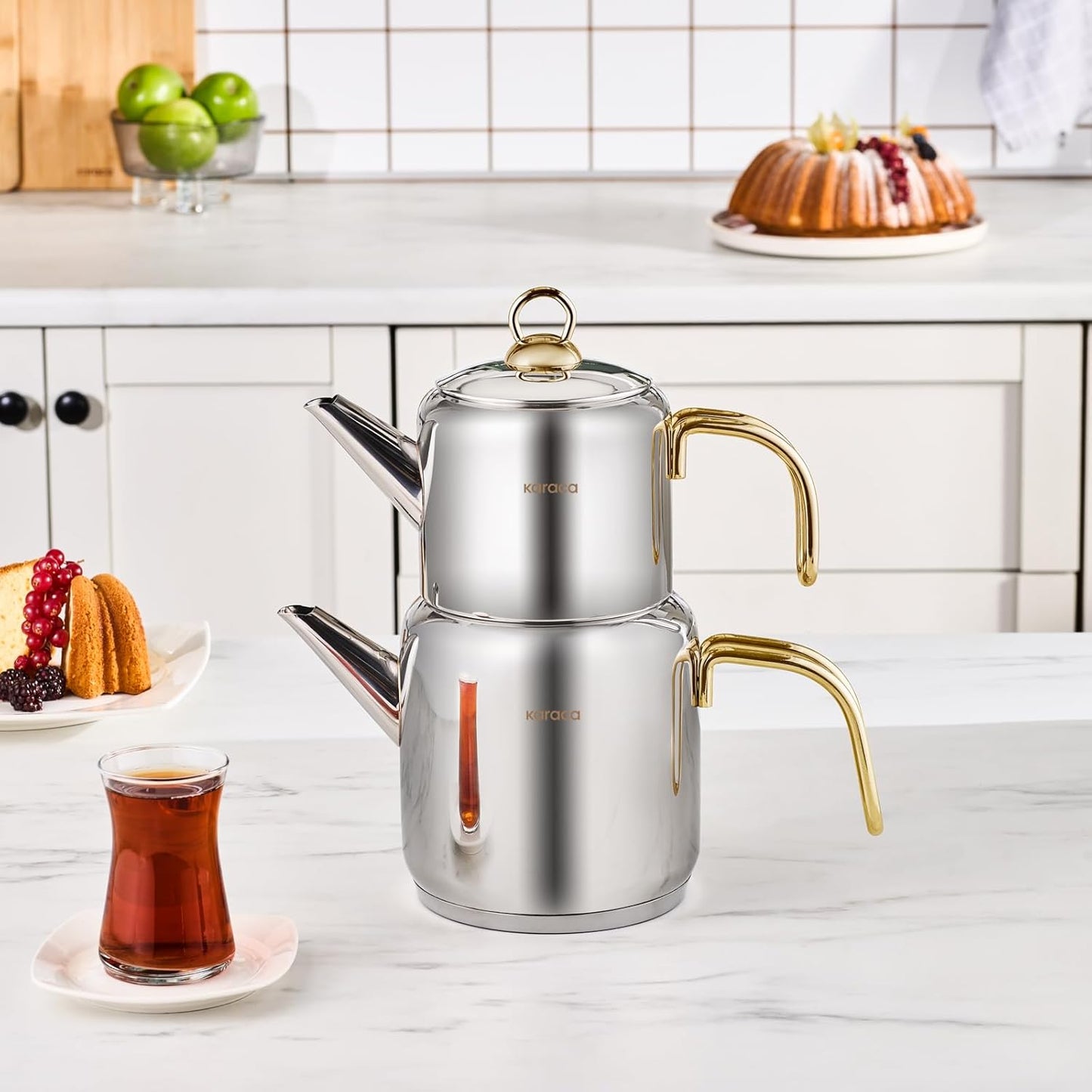 Karaca New Mira Turkish Tea Set for Stovetop, Induction Base Stainless Steel Tea Maker (1L Teapot & 2L Tea Kettle), Dishwasher Safe, Non-Burning Gold Handles Samovar Style