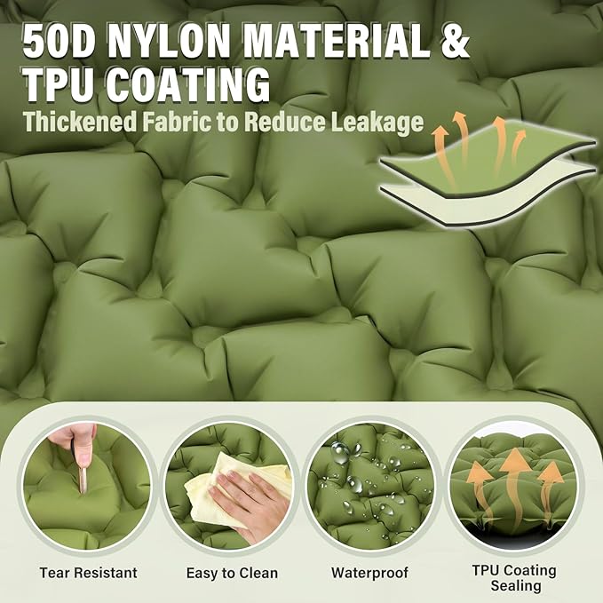 Camping Sleeping Pad 50D Ultralight Inflatable Camping Mat with Pillow Built-in Foot Pump Sleeping Mattress Waterproof Lightweight and Compact Camping Mattress for Backpacking Hiking Traveling Tent