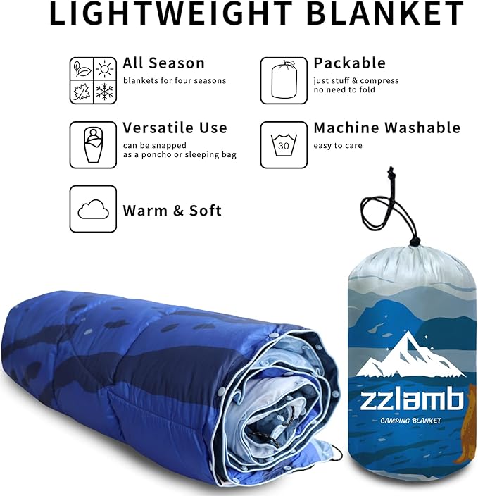 zzlamb Camping Blanket, Lightweight Cloak Puffy Down Alternative Travel Blanket, Portable & Windproof Warm Outdoor Blanket, Cozy Quilt Plane Car Picnic Hammock Beach Backpacking, 52x75in