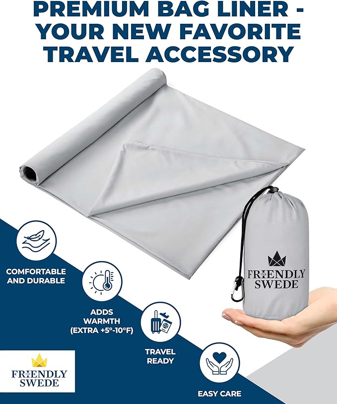 The Friendly Swede Sleeping Bag Liner - Cold Weather Camping Sheets & Adult Sleep Sack with Full Length Zipper; Microfiber Soft Travel Sheets for Hotel with Stuff Sack - Grey (Zipper)