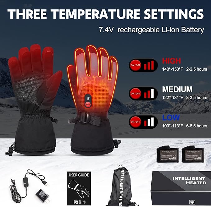 Heated Gloves Electric Battery Heated Gloves Rechargeable for Men Women Heated Ski Gloves Water Resistant Touchscreen 7.4V 2200mAh up to 6.5hrs for Skiing Hiking Motorcycling Camping