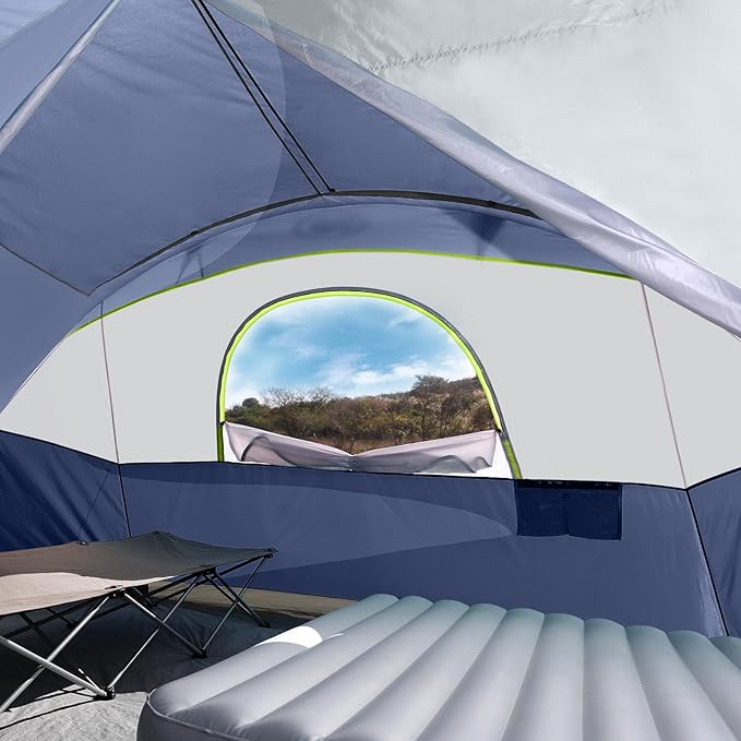 UNP Camping Tent 8/9 Person, Family Camping Tent, 5 Large Ventilation Mesh Windows, 14'x14'x78 inches Tall with Dividers Curtain for 2 Room
