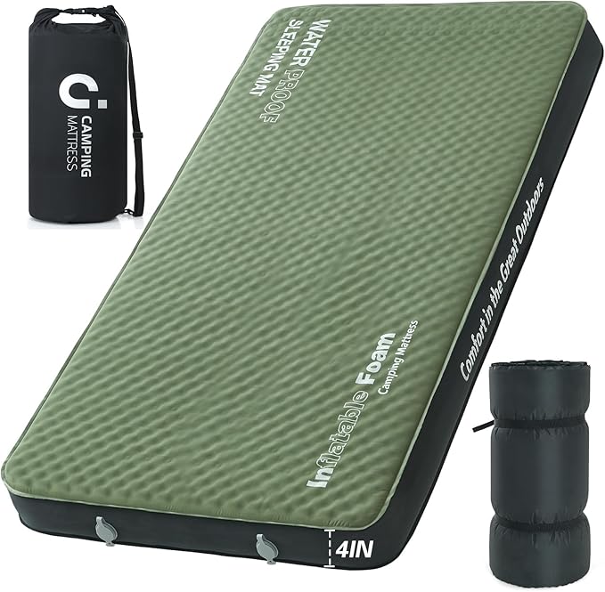 Self Inflating Double Sleeping Pad, 4in Ultra-Thick Foam Camping Mattress 2 Person with Air Pump Sack,Camping Floor Bed for Adults Inflatable Sleeping Mat Camping Essentials for Travel, Army Green