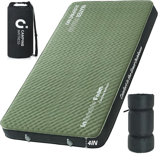 Self Inflating Double Sleeping Pad, 4in Ultra-Thick Foam Camping Mattress 2 Person with Air Pump Sack,Camping Floor Bed for Adults Inflatable Sleeping Mat Camping Essentials for Travel, Army Green