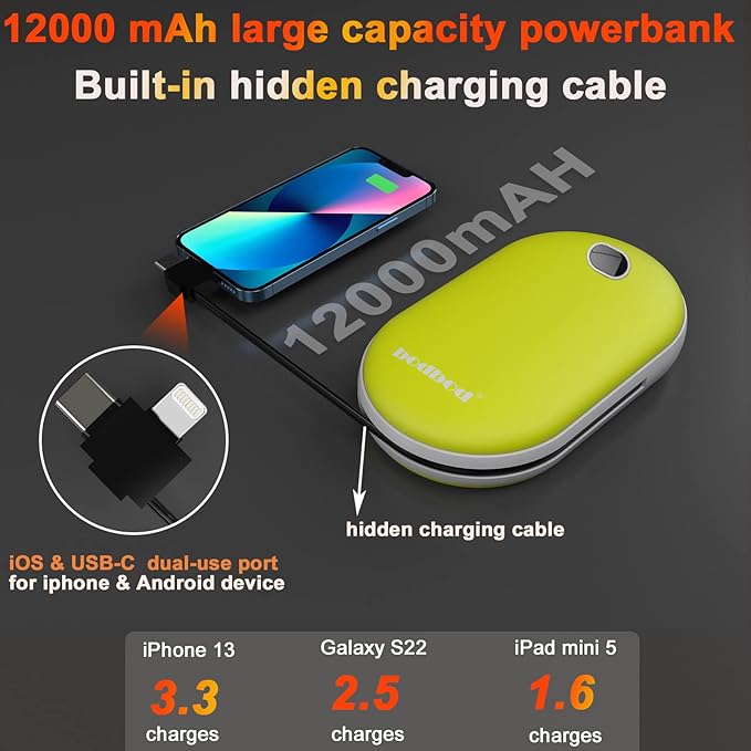 12000mAh Hand Warmers rechargeable & Power Bank 2in1 Battery with charge cable USB Electric Hand Warmer Reusable Portable hot hands Heater Pocket Warmer Handwarmer for Winter outwork Camping Fishing Golf