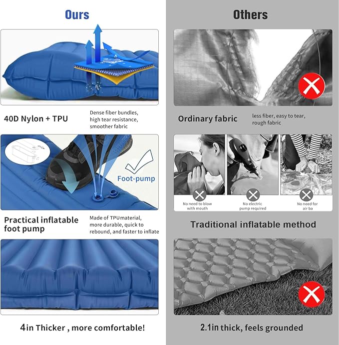 Sleeping Pad for Camping, 4in Thick Camping Air Mattress with Pillow, Camping Bed Sleeping Mat for Backpacking, Inflatable Camping Mat Built-in Pump, 40D+60D 2-Layer Nylon, Holds 400lbs,Repair Kit