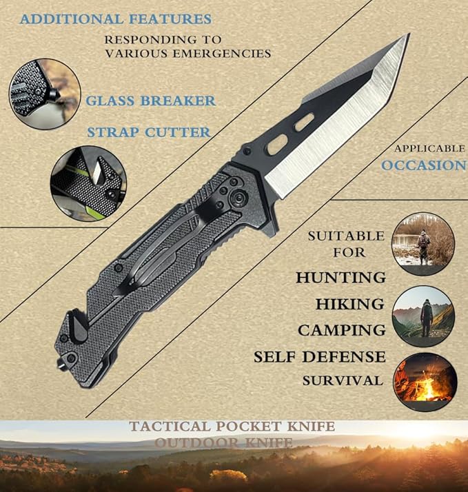 HELLOWZXD Folding Pocket Knife - Glass Breaker,Strap Cutter,7mov13 Stainless Steel Tanto Folding Knives - Smoothy Ball Bearing,Aluminum Handle w Clip EDC Knife for Survival Camping Hiking