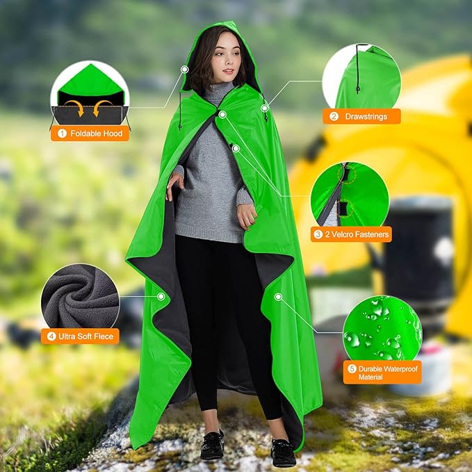 DOBYE Hooded Stadium Blanket, Large Waterproof Outdoor Fleece Blanket, Windproof Wearable Portable Warm Mat for Camping